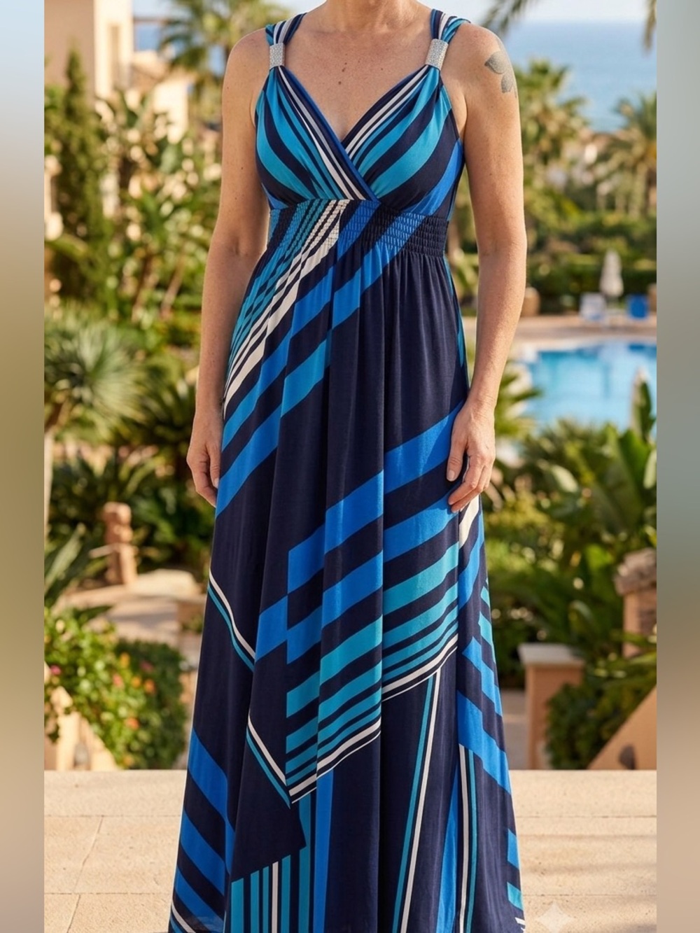 Chico's Geometric Blue Striped Maxi Dress Embellished V-Neck